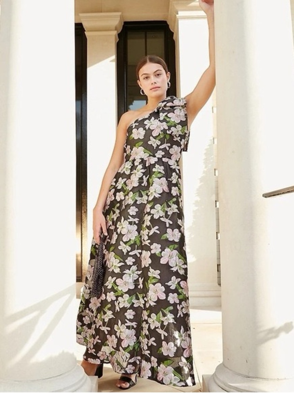 Abbey Glass Floral One-Shoulder Black and Pink A-Line Dress